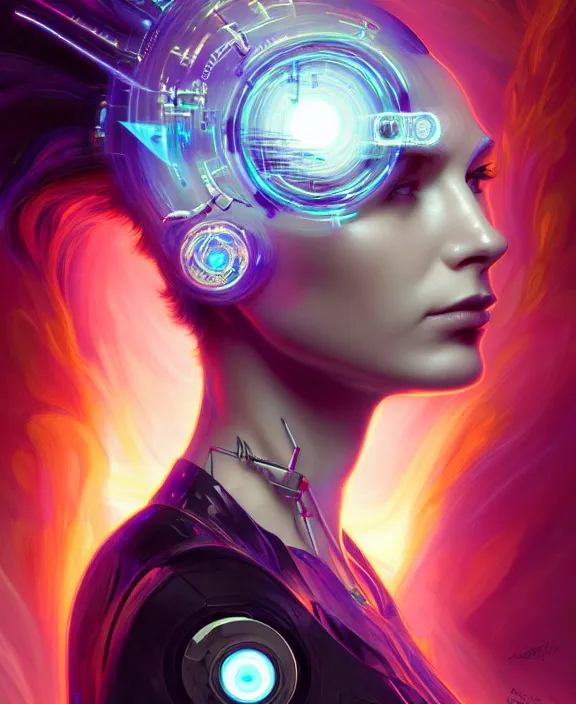 Image similar to a whirlwind of souls rushing inside the metaverse, hologram, half body, neurochip, shaved temple, piercing, jewelry, android, cyborg, cyberpunk face, by loish, d & d, fantasy, intricate, elegant, highly detailed, colorful, digital painting, artstation, concept art, art by artgerm and greg rutkowski and alphonse mucha