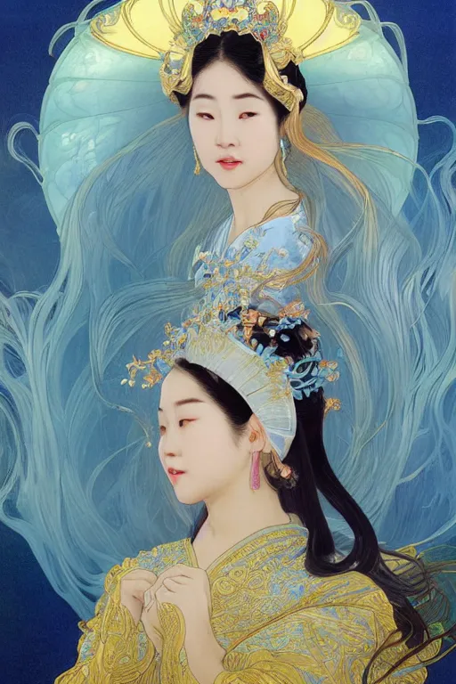 Prompt: a beautiful young Asian woman, Queen of the Sea Mu Yanling, long flowing white hair, blue and yellow robe that resembles floating wings, water flowing and floating around, young female face, liquid magic, cinematic top lighting, insanely detailed and intricate, face by Artgerm, design by Alphonse Mucha, Kuvshinov Ilya, Irakli Nadar, render by krenz cushart, golden ratio, symmetrical proportions, elegant, ornate, luxury, elite, matte painting, MTG, magic the gathering, trending on artstation, cinematic, cgsociety, 8k, high resolution,