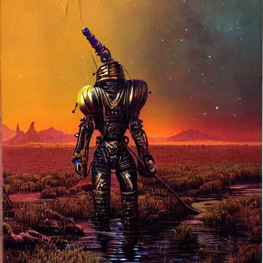 Image similar to sardaukar warrior walking the acid swamps of venus, vintage sci - fi art, by bruce pennington