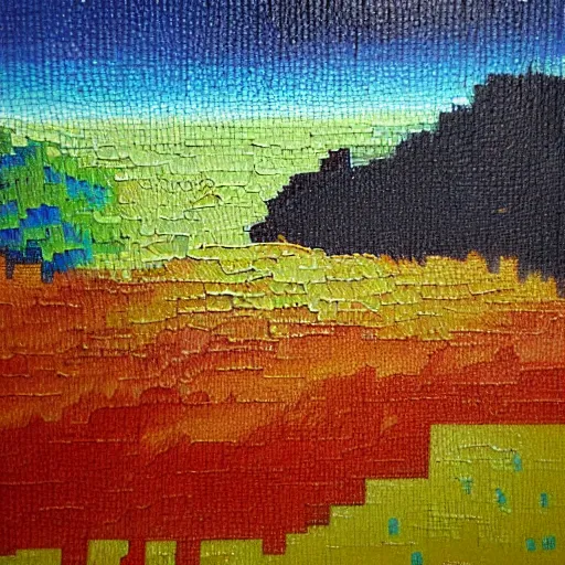 Prompt: detailed oil painting of a minecraft landscape, abstract,textured,oil paint