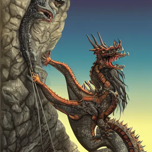 Image similar to rock climber climbing a giant ancient dragons skull, very detailed, fantasy art, dungeons and dragons, belaying, ropes, landscape, cover of national geographic
