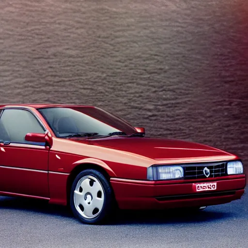 Image similar to A hypercar designed and produced by Volvo, with 1995 Volvo 480 design elements, in crimson red, promotional photo