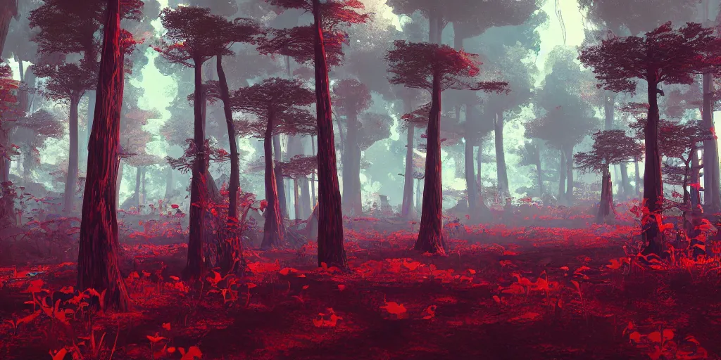 Image similar to abstract 3d landscape forest painting by james jean and David Schnell painted in no mans sky style, redshift, octane