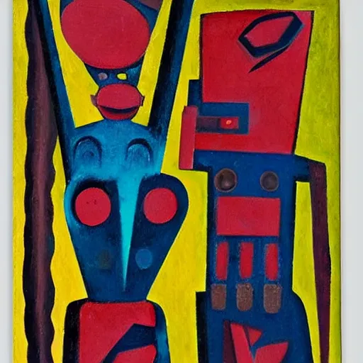 Image similar to Oil painting by Rufino Tamayo. Mechanical gods with bird faces kissing. Oil painting by Willem de Kooning.