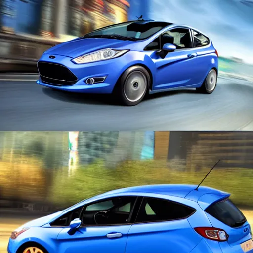 Image similar to 2013 ford fiesta in blue, in Pixar's cars, 3d Pixar cartoon, cars movie