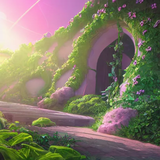 Image similar to paradise with a christian cross as the light is shining at the end of the tunnel, with pale purple and pale pink lighting, cute, aesthetic, anime, with a few vines and overgrowth, studio ghibli, cinematic, painting, high definition, digital art, symmetrical, very detailed, extremely high detail, photo realistic, concept art, unreal engine 5,