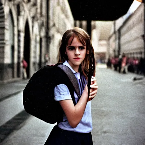 Image similar to photo of teenage emma watson as schoolgirl, holding string bag with bagels, street of moscow, shallow depth of field, cinematic, 8 0 mm, f 1. 8