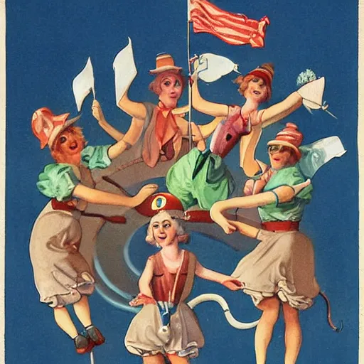 Prompt: five happy sailors and a giant rat dancing in a circle, 1927, digital art, highly detailed