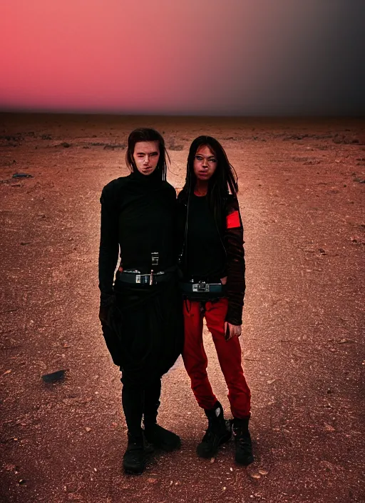Prompt: cinestill 5 0 d photographic portrait of two loving androids, beautiful women wearing rugged black techwear on a desolate plain with a red sky, extreme closeup, lizard on ground, cyberpunk style, in front of a brutalist dark metal facility, dust storm, 3 5 mm, 8 k, f / 3 2, high resolution, ultra realistic faces