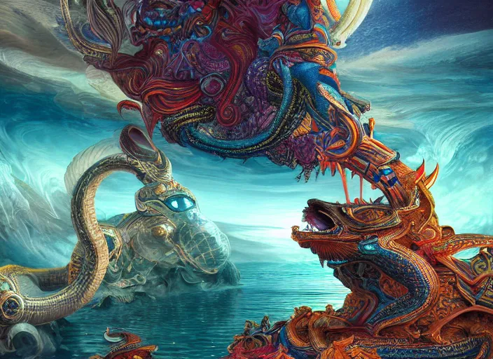 Image similar to vishnu sitting on adishesha the thousand headed universal serpent, floating across the cosmic ocean, digital art, octane render, highly detailed, intricate, by android jones and michael divine