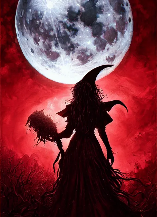 Image similar to portrait, A witch in front of the full big moon, book cover, red white and black colors, dramatic lighting, cinematic, establishing shot, extremly high detail, foto realistic, cinematic lighting, intricate line drawings, by Yoshitaka Amano, Ruan Jia, Kentaro Miura, Artgerm, post processed, concept art, artstation, matte painting, style by eddie mendoza, raphael lacoste, alex ross