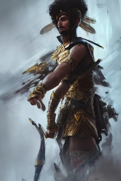 Image similar to egyptian warrior, portrait, powerfull, intricate, elegant, volumetric lighting, digital painting, highly detailed, artstation, sharp focus, illustration, ruan jia