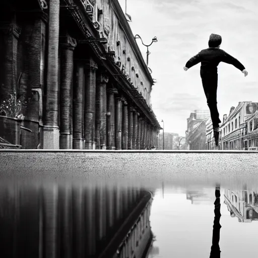 Image similar to a highly detailed epic cinematic black and white painting artwork inspired by Henri Cartier-Bresson's Behind the Gare Saint-Lazare, man jumping over a puddle of water. World Press Photo winner, enhanced and corrected in Photoshop, octane render, excellent composition, cinematic atmosphere, dynamic dramatic cinematic lighting, aesthetic, very inspirational, arthouse