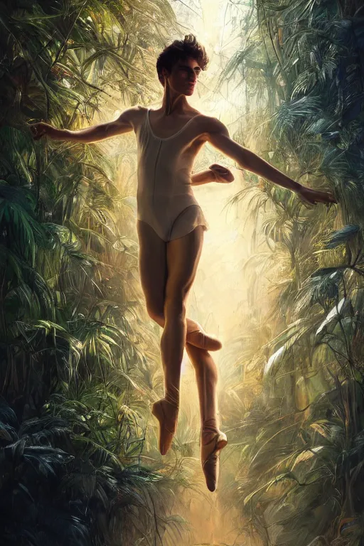 Prompt: stunningly handsome, ballet dancer in jungle, symmetrical face, golden hour, smooth, focus, highly detailed, hyper realistic, dramatic lighting, elegant, intricate, concept art, art by wlop, mars ravelo, greg rutowski, artstation