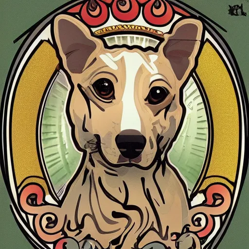 Image similar to a cute dog in the style of alphonse mucha