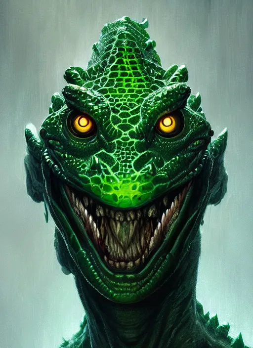 Image similar to symmetry!! portrait of a lizard man, dark green scales, horror, white glowing eyes, night time lighting, intricate, scary, highly detailed, digital painting, artstation, concept art, smooth, sharp focus, illustration, art by greg rutkowski