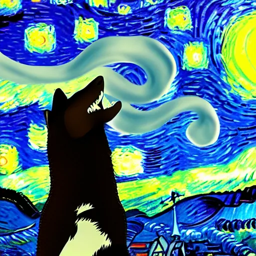 Image similar to husky howling in the night, 4 k, 8 k, trending on artstation, award - winning art, illustrated by vincent van gogh