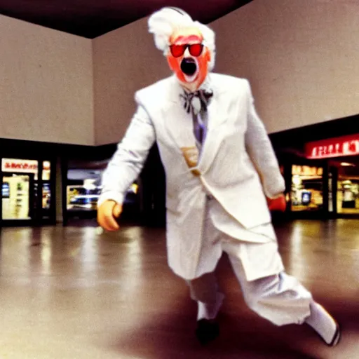 Image similar to A creepy photo of Colonel Sanders chasing you in an empty shopping mall from the 1980s, disposable film
