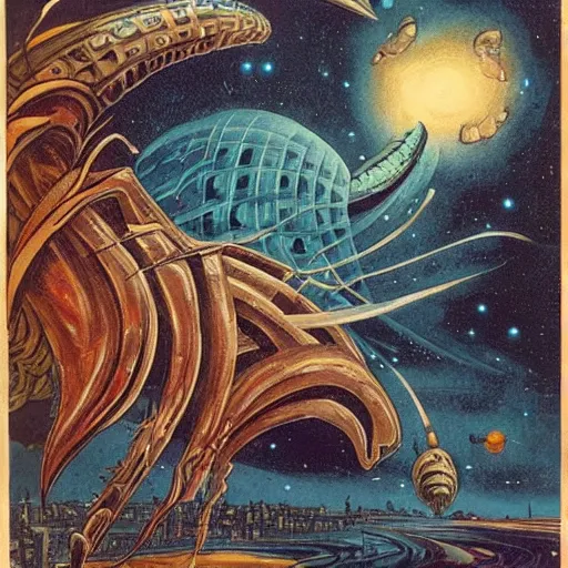 Prompt: cosmic eldritch space whale consuming a city on venus, epic surrealism, elegant, dreadful