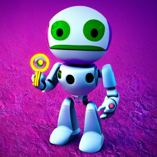 Prompt: high quality 3 d render made with blender of a small happy emoji piloting a colourful toy robot robot. the background is a purple gradient