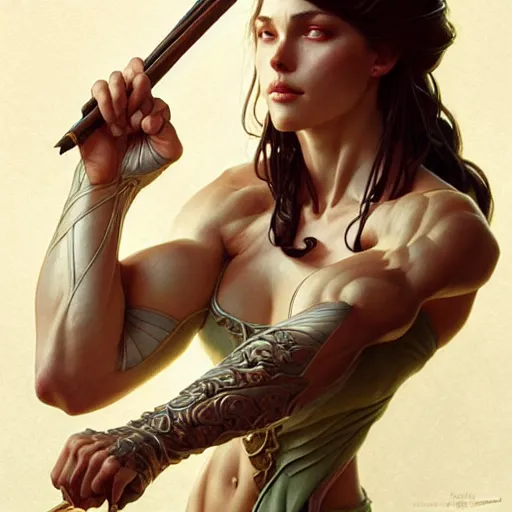 Prompt: guilty, muscular upper body, D&D, fantasy, intricate, elegant, highly detailed, digital painting, artstation, concept art, smooth, sharp focus, illustration, art by artgerm and greg rutkowski and alphonse mucha