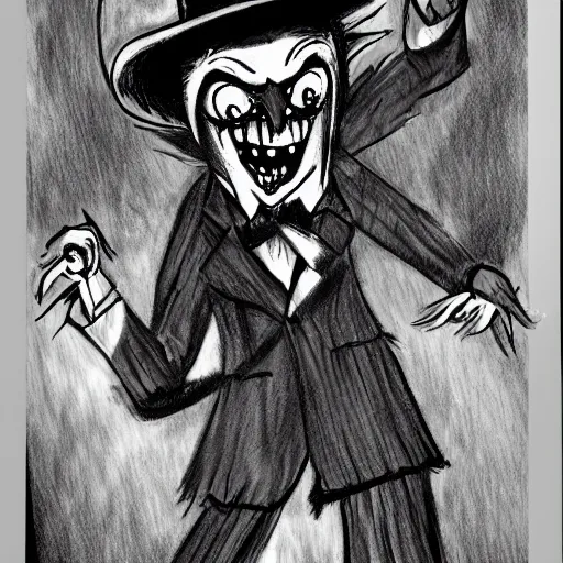 Image similar to a Pop Wonder scary horror themed goofy-hilarious-character babadook-wearing a scarf, 3-piece-suit, dime-store-comic drawn with charcoal and pen and ink, half-tone-line-stacking