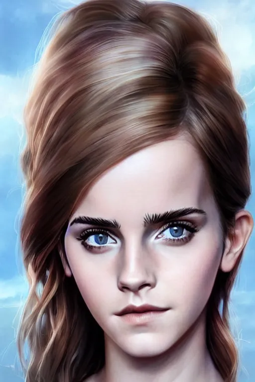 Image similar to emma watson with big eyes, beautiful eyes, blue eyes, green eyes, lovely eyes, red eyes, glowing eyes, by artgerm and greg rutkowski