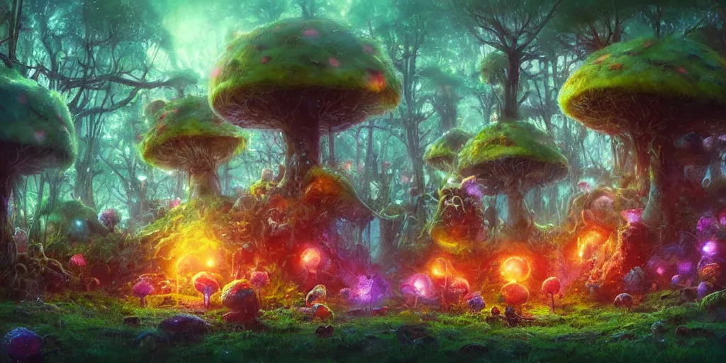 Prompt: ”cute furry creatures living in giant mushroom houses in a mysterious fantasy forest, [bioluminescense, rope bridges, art by wlop and paul lehr, cinematic, colorful]”