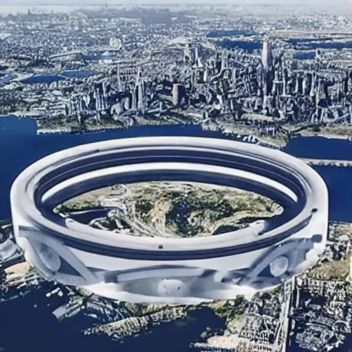 Image similar to a giant ring-shaped space station encircling a modern city floating above the city, the ring is horizontal, surrounding the city, cinematic