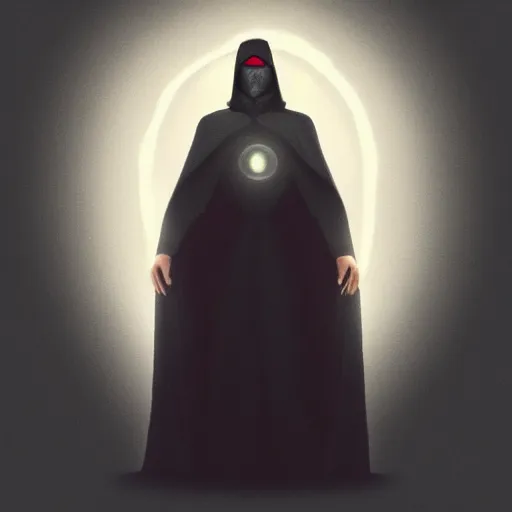 Prompt: a man wearing a long black cloak, shadowy hood covering face, holding a glowing orb, grandiose style, trending on artstation