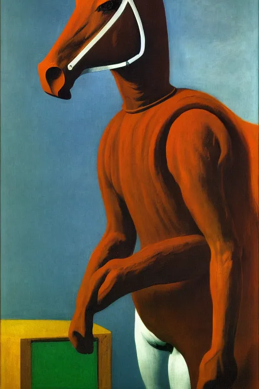 Image similar to man in horse costume, horse in costume astronaut, hauntingly surreal, highly detailed painting by francis bacon, edward hopper, adrian ghenie, gerhard richter, and james jean soft light 4 k,