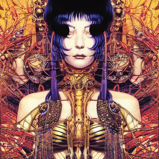 Image similar to portrait of crazy cleopatra, symmetrical, by yoichi hatakenaka, masamune shirow, josan gonzales and dan mumford, ayami kojima, takato yamamoto, barclay shaw, karol bak, yukito kishiro