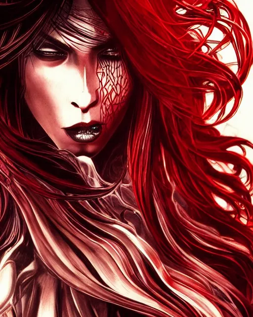 Image similar to brutal close up portrait intense vampire, flowing hair, highly detailed, very intricate, graphical errors, going gpu, art deco, chromatic aberration, harsh lighting, award - winning, unreal engine 5, illustration by mandy jurgens and alphonse mucha and yoji shinkawa, black and red only!!!, featured on artstation