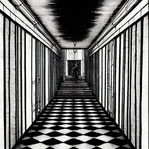 Image similar to a terrifying dark hallway with many doors and many stairs, impending doom, Mc Escher architecture, epic composition, by Junji Ito