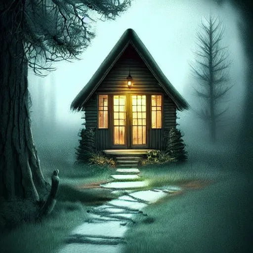 Image similar to a cottage in the woods with a notepad for front door, trending on artstation, detailed digital art, eerie thriller aesthetic!!!!,