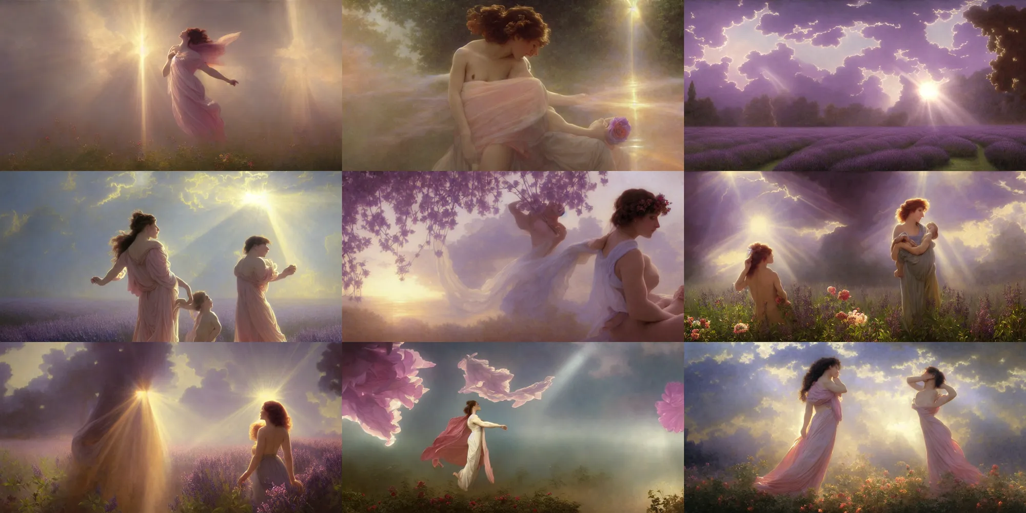 Prompt: A still from Heaven Official's Blessing, god rays, bloom, volumetric fog, moody ambiance, cinematic lighting, twilight, sunset, rose and lavender and amber tones, Bouguereau, Luis Ricardo Falero, Maxfield Parrish, Alphonse Mucha, fantasy, portfolio illustration, highly detailed, trending on Artstation, CGsociety, HQ, 8k, 35mm lens, f2.8, Bokeh,