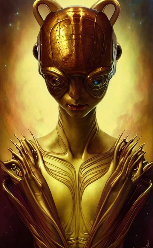 Image similar to exquisite imaginative alien creature poster art, humanoid, gold, movie art, by lucusfilm, weta studio, tom bagshaw, james jean, frank frazetta alphonso mucha, norman rockwell, giu, moebius, 8 k, denoised