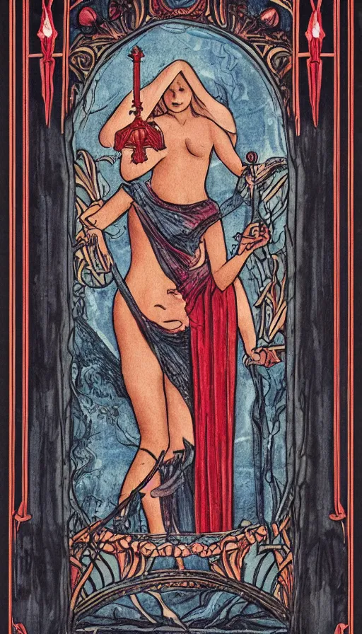 Image similar to symbolic Tarot Card design representing Arcanum XV, The Red Grail, symbolizing the birth and the feast, hunger, seduction, the drowning waters, desire, birth, seduction, and thirst, inhuman desirability, irresistible charisma