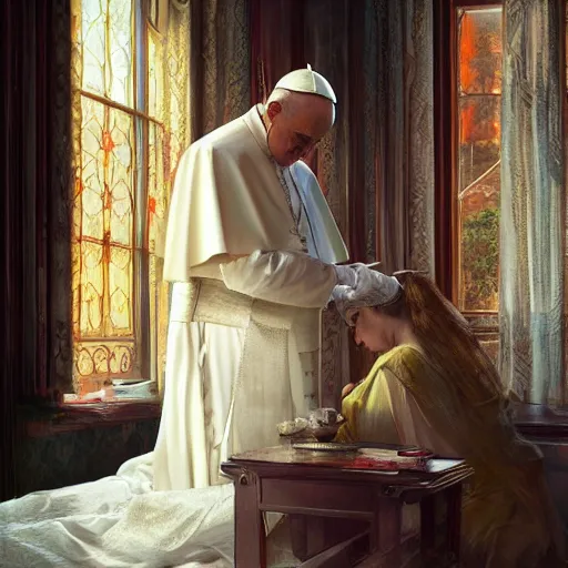 Image similar to photography of a pope making touching a sensual woman in a bedroom, deep focus, intricate, elegant, highly detailed, digital painting, artstation, concept art, matte, sharp focus, illustration, art by artgerm and greg rutkowski and alphonse mucha