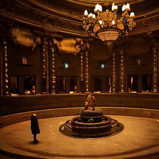 Image similar to upscale mysterious private auction, unnameable relics on display, cinematic lighting, moody lighting, extravagant details, lobby in the distance, elite dark figure