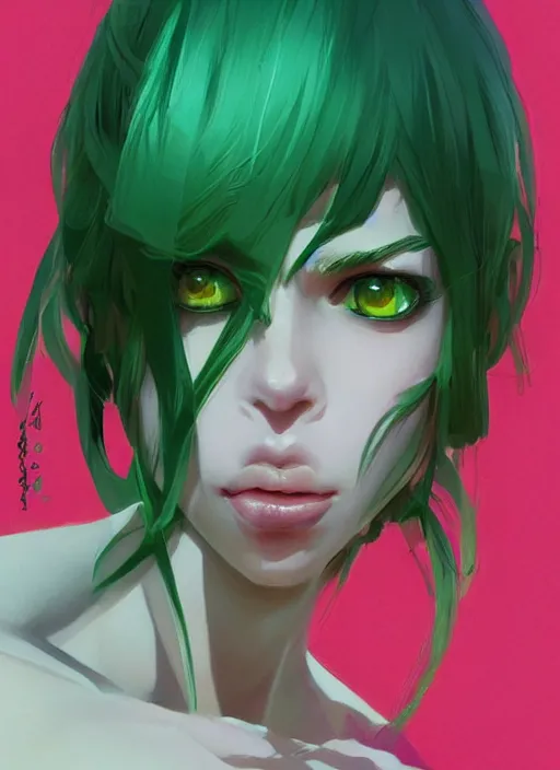 Image similar to a beautiful woman with green weyes lookign directly at the camera, bright colors, highly detailed, concept art, matte, trending on artstation, anime, art by wlop and artgerm and greg rutkowski, ilya kuvshinov, strong strokes,