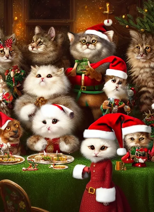 Image similar to highly detailed group closeup portrait of cute fluffy animals having a christmas party banquet in a castle, unreal engine, nicoletta ceccoli, mark ryden, earl norem, lostfish, global illumination, god rays, detailed and intricate environment