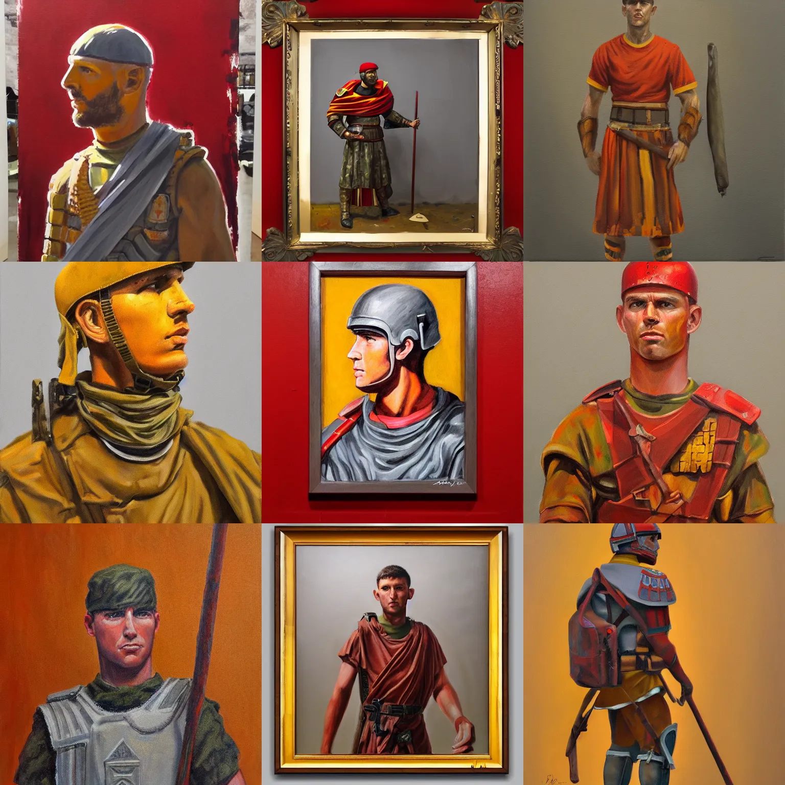 Prompt: painting of 2 0 1 9 roman legionary, camouflage uniform, scuta, american realist style, figurative art, versimlitude, overhead lighting, venetian red, yellow ochre, payne's grey