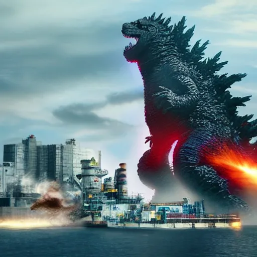 Image similar to godzilla attacking fukushima daiichi unit 4, evening, dramatic lighting, search spotlight, 4 k