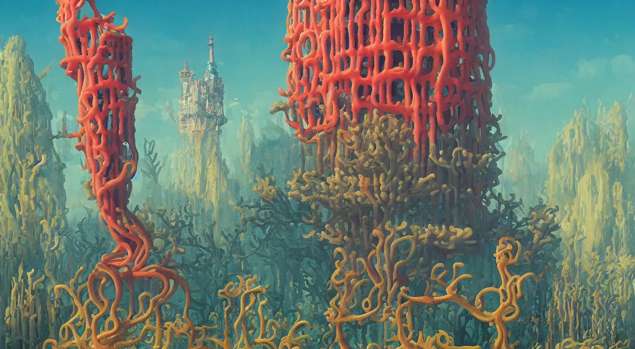 Prompt: single flooded coral tentacle tower, very coherent and colorful high contrast!! masterpiece by rene magritte simon stalenhag carl spitzweg syd mead norman rockwell edward hopper james gilleard, overdetailed, sharp focus, dark shadows, sunny day, hard lighting