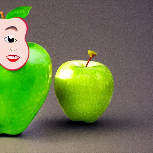 Prompt: a green apple with legs and the head of christina applegate on top of it