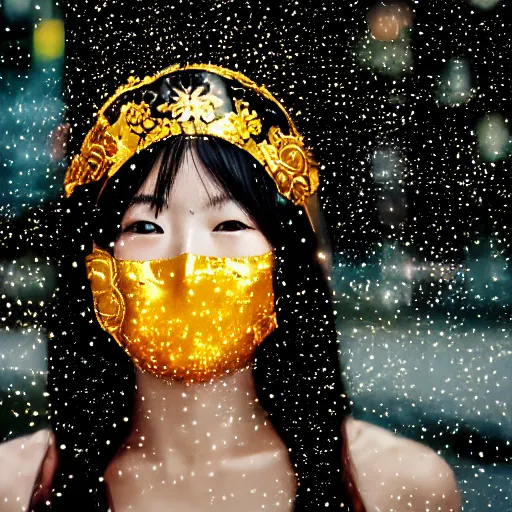 Image similar to japanese female black balaclava mask with golden necklace and open kimono, photo portrait, beautiful female model, tokyosky, female sitting on skyscreapper, rain, city neon light, bokeh, long exposure, kodak promax 4 0 0, sony lens, golden fractals and dmt