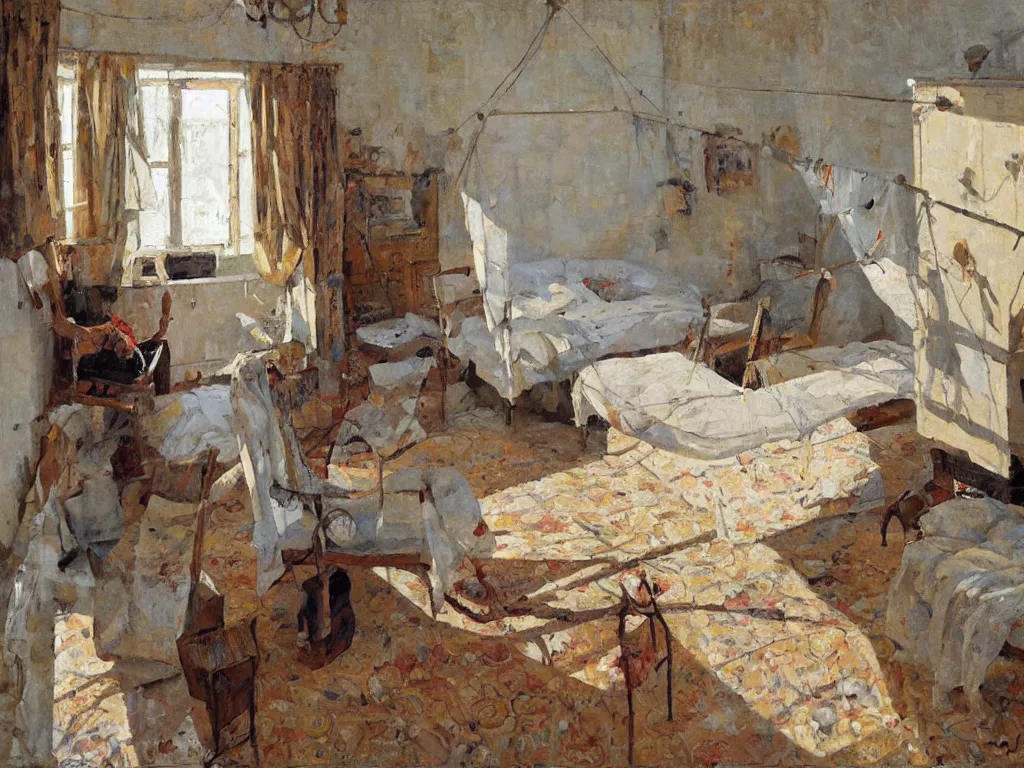 Image similar to bedroom, heatwave, Denis sarazhin, oil on canvas