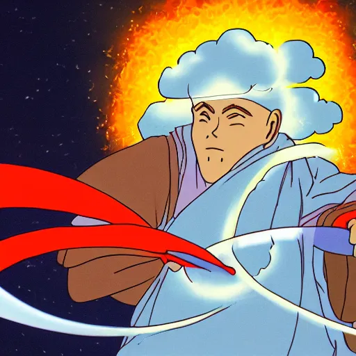 Prompt: illustration of a peaceful monk in the centre of a swirling atom shooting lightning from his hands into a dark ominous cloud, studio ghibli, ultra hd