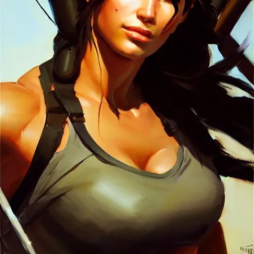 Image similar to Greg Manchess portrait painting of Lara Croft as Overwatch character, medium shot, asymmetrical, profile picture, Organic Painting, sunny day, Matte Painting, bold shapes, hard edges, street art, trending on artstation, by Huang Guangjian and Gil Elvgren and Sachin Teng